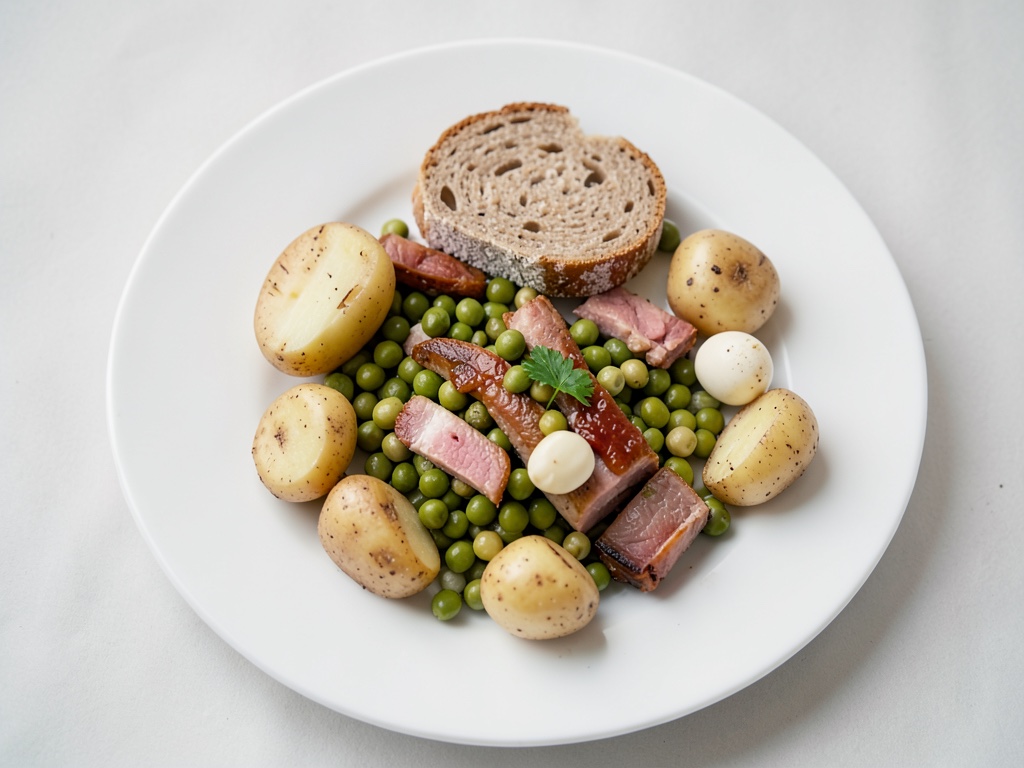 Padella salata di patate, prosciutto, fagioli, uova e pumpernickel