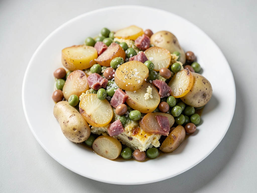 Gratin croccante di patate e pere con pancetta e fagioli