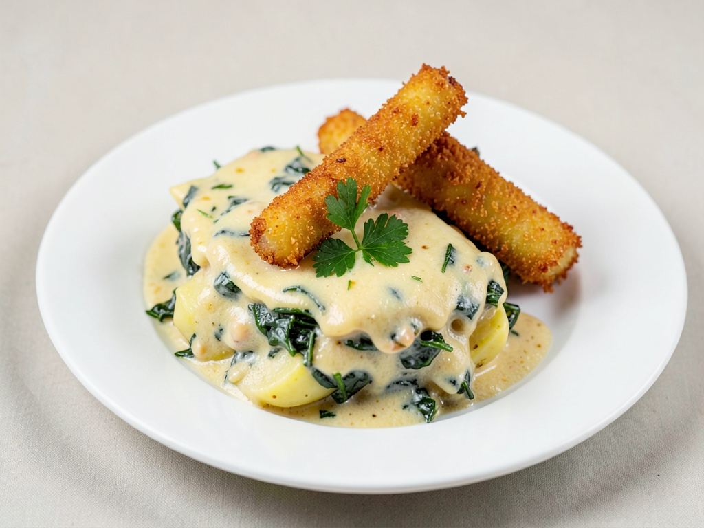Cremosa gratin di patate e spinaci con bastoncini di pesce croccanti