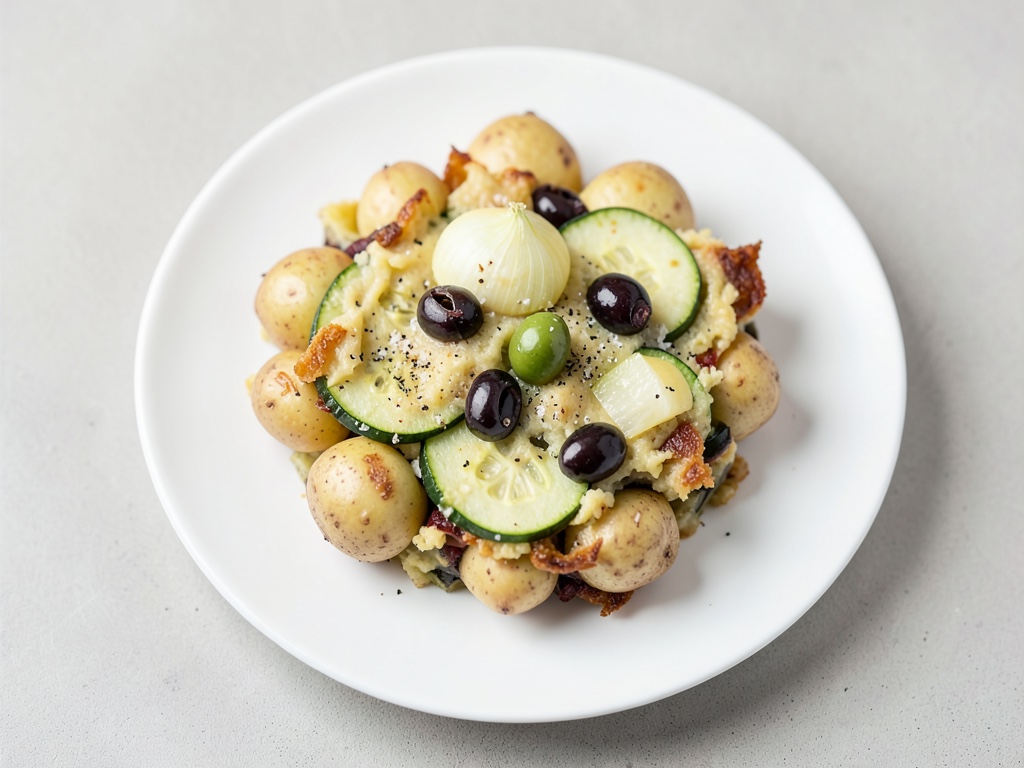 Cremosa gratin di patate e zucchine con olive