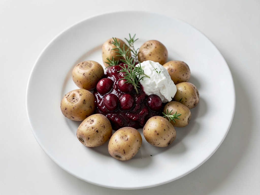 Patate al forno con timo, praline di formaggio di capra e chutney di uva