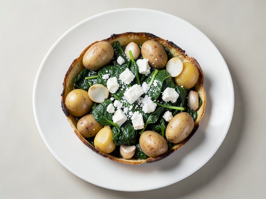 Padella croccante di patate e spinaci con feta