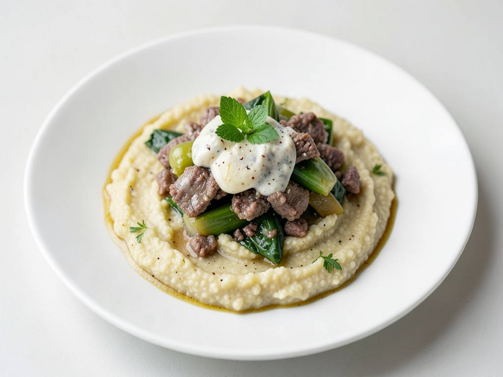 Purée de pommes de terre avec hachis de bœuf, chou frisé et crème au lard