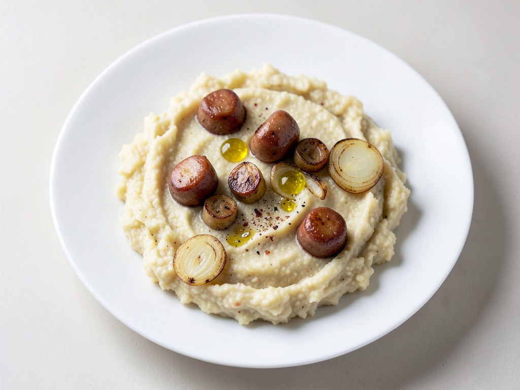 Kartoffelpüree mit kleinen Rostbratwürstchen und gerösteten Zwiebeln