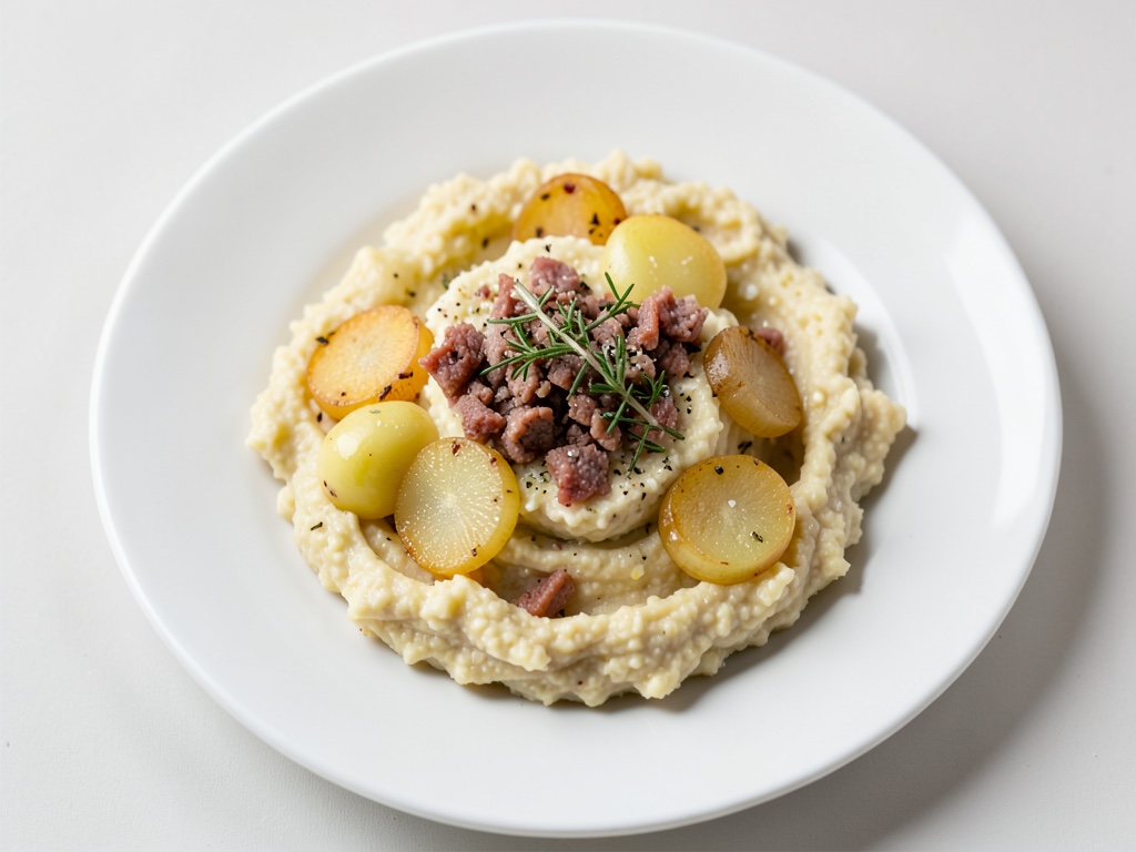 Purè di patate cremoso con pancetta croccante e cipolle al forno