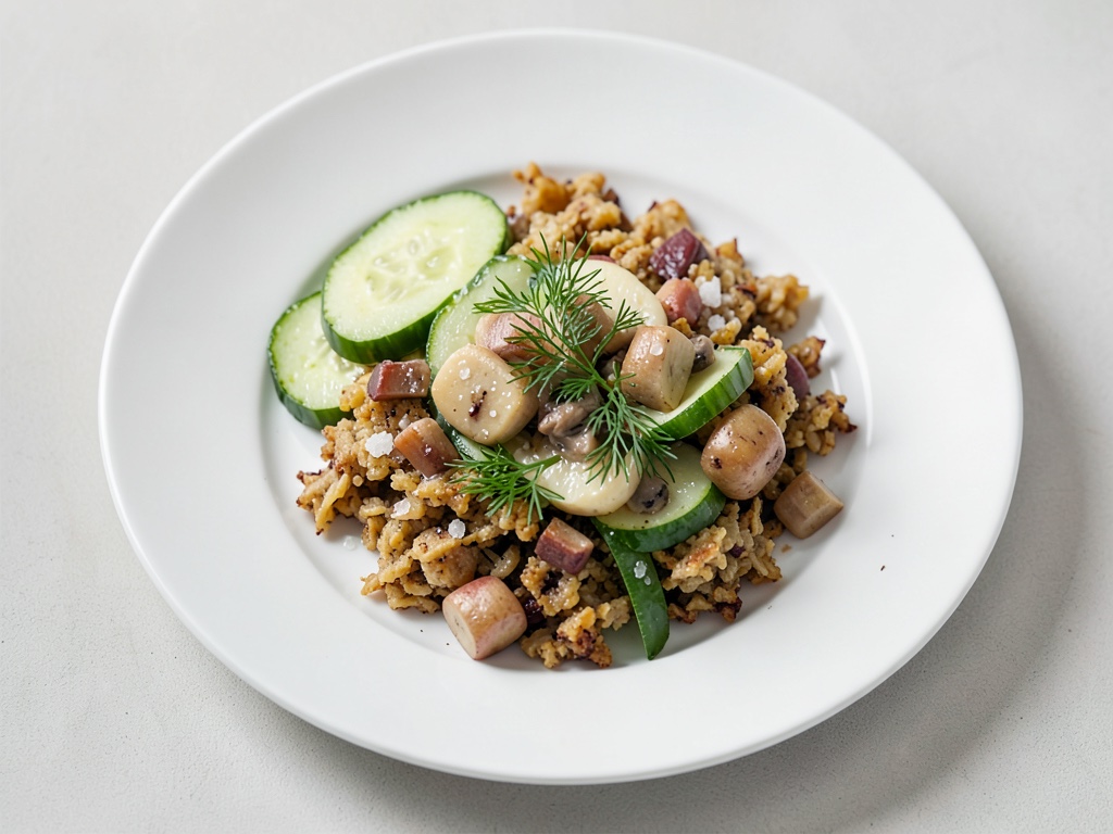 Crocchette di patate croccanti con funghi cremosi e insalata fresca di cetrioli e aneto