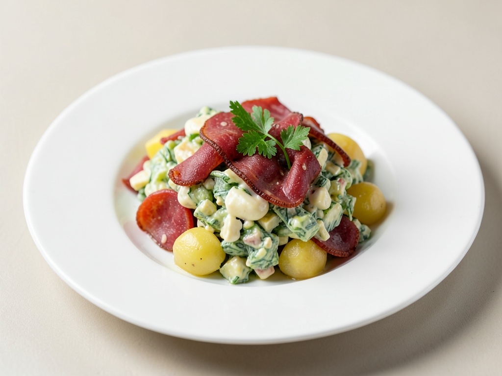 Warmer Kartoffelsalat mit Pastrami und Ei