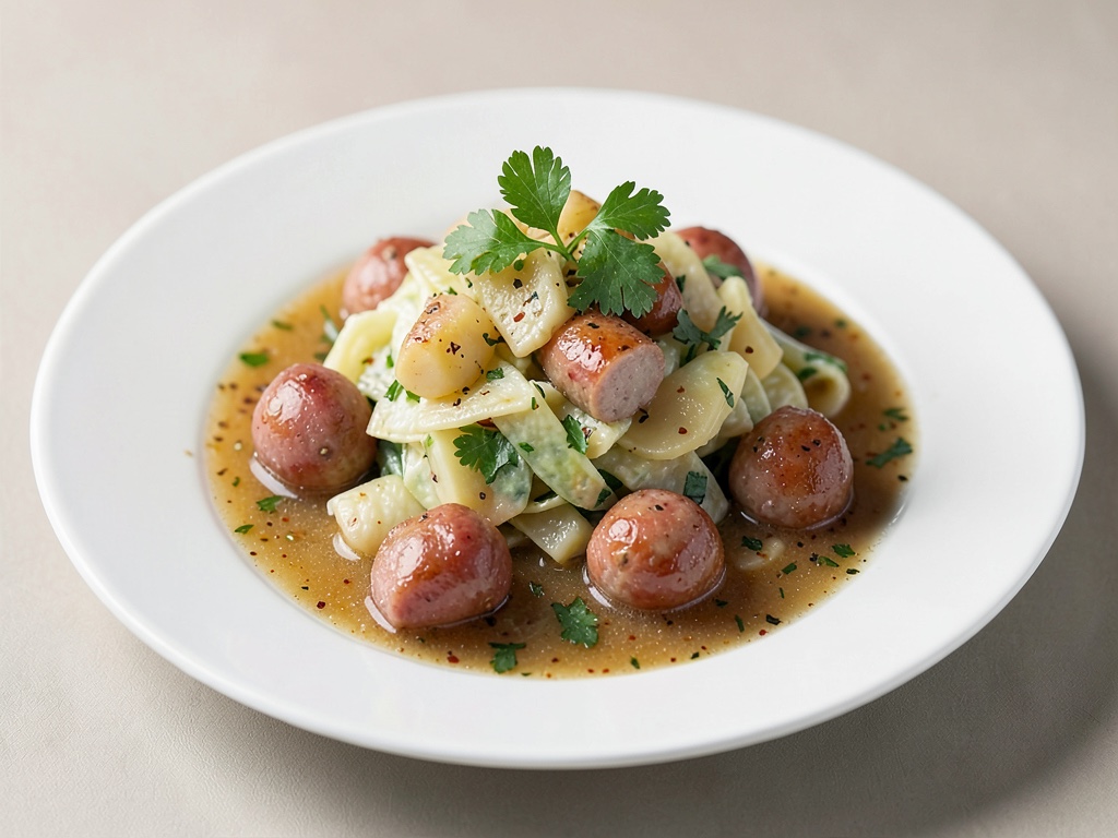 Classica insalata di patate con salsicce in salamoia aromatica