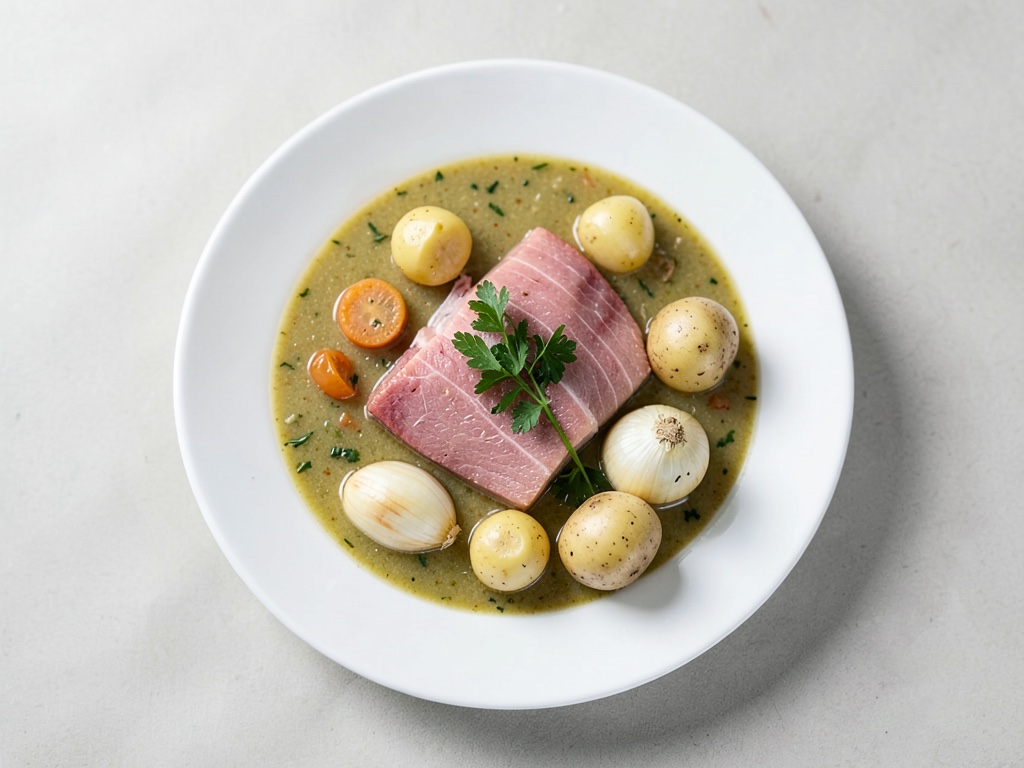 Sopa cremosa de patatas con salmón y gambas