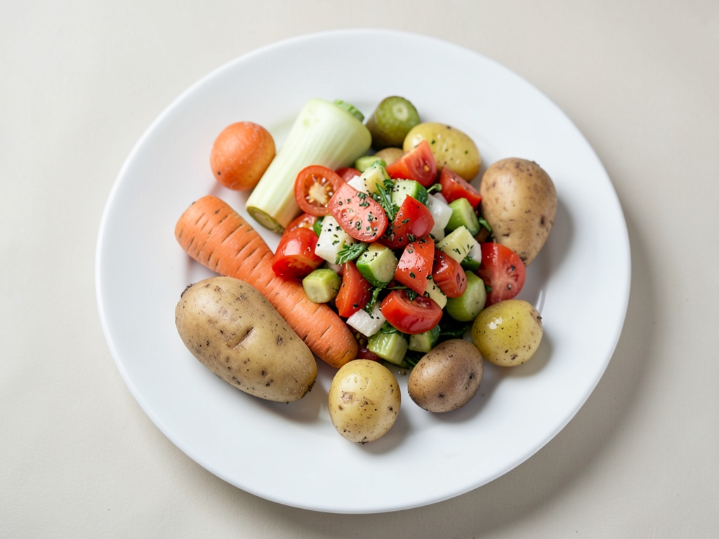 Patate croccanti con insalata fresca di cetrioli e pomodori