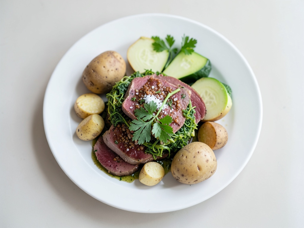 Casseler en croûte d'herbes avec purée de céleri et chou-fleur