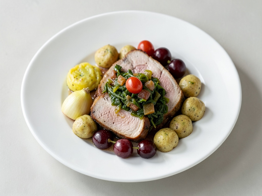 Kasseler con crauti alsaziani alla panna, uva e mini gnocchetti di patate