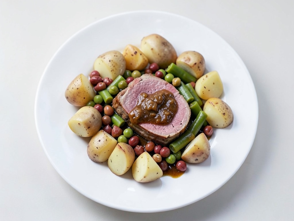 Kasseler mit Senfsauce, Kartoffeln und Bohnengemüse