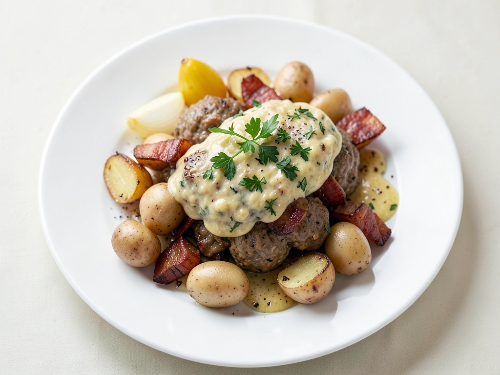 Fricadelles avec des pommes de terre croustillantes au bacon et sauce aux herbes