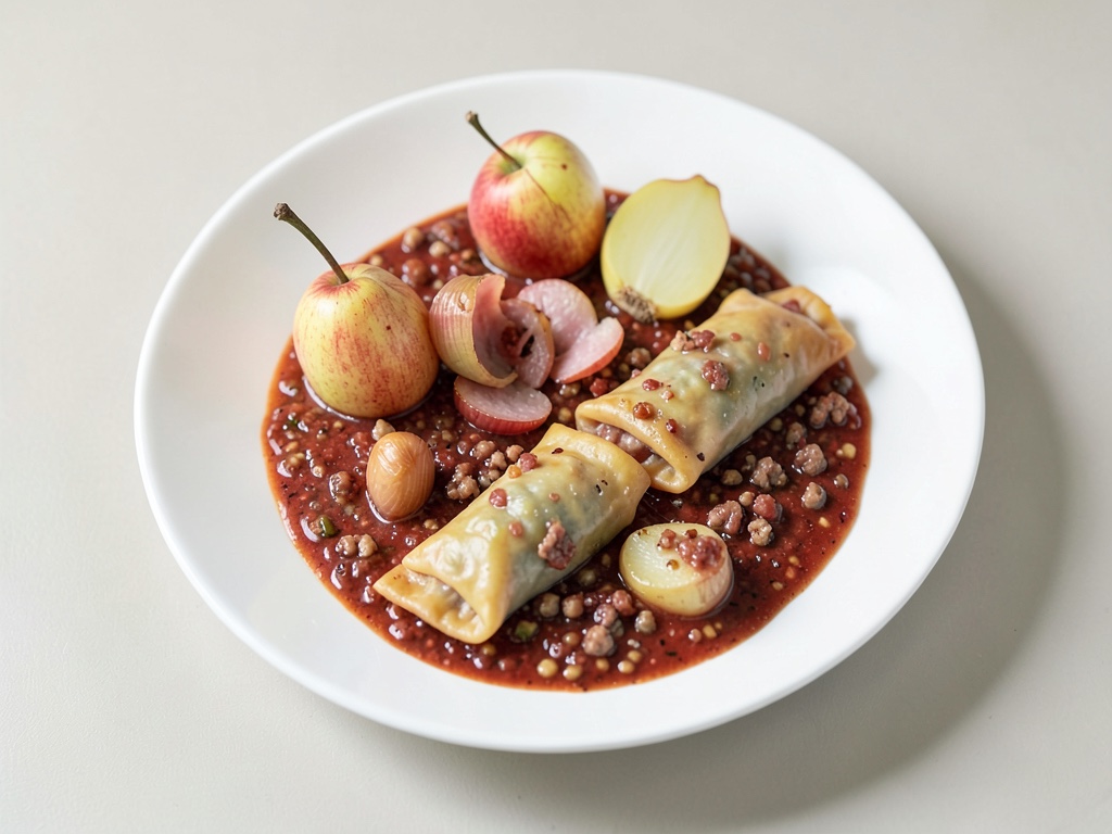 Maultaschen classiche con salsa agli spinaci, pancetta, pere e cipolle fritte