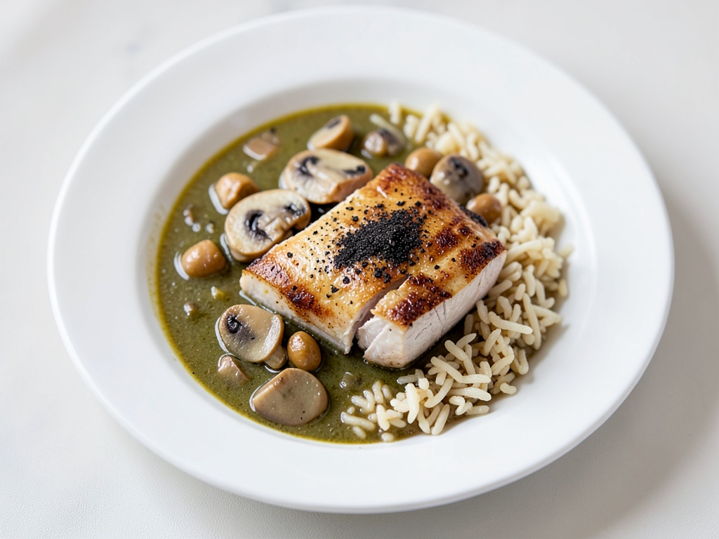 Traditionelles Puten-Frikassee mit Champignons und Langkornreis