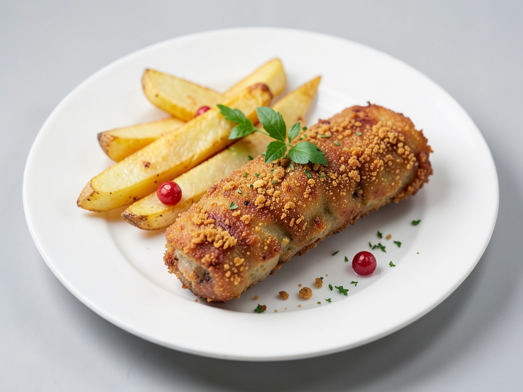 Schnitzel viennese croccante con bastoncini di patate al forno