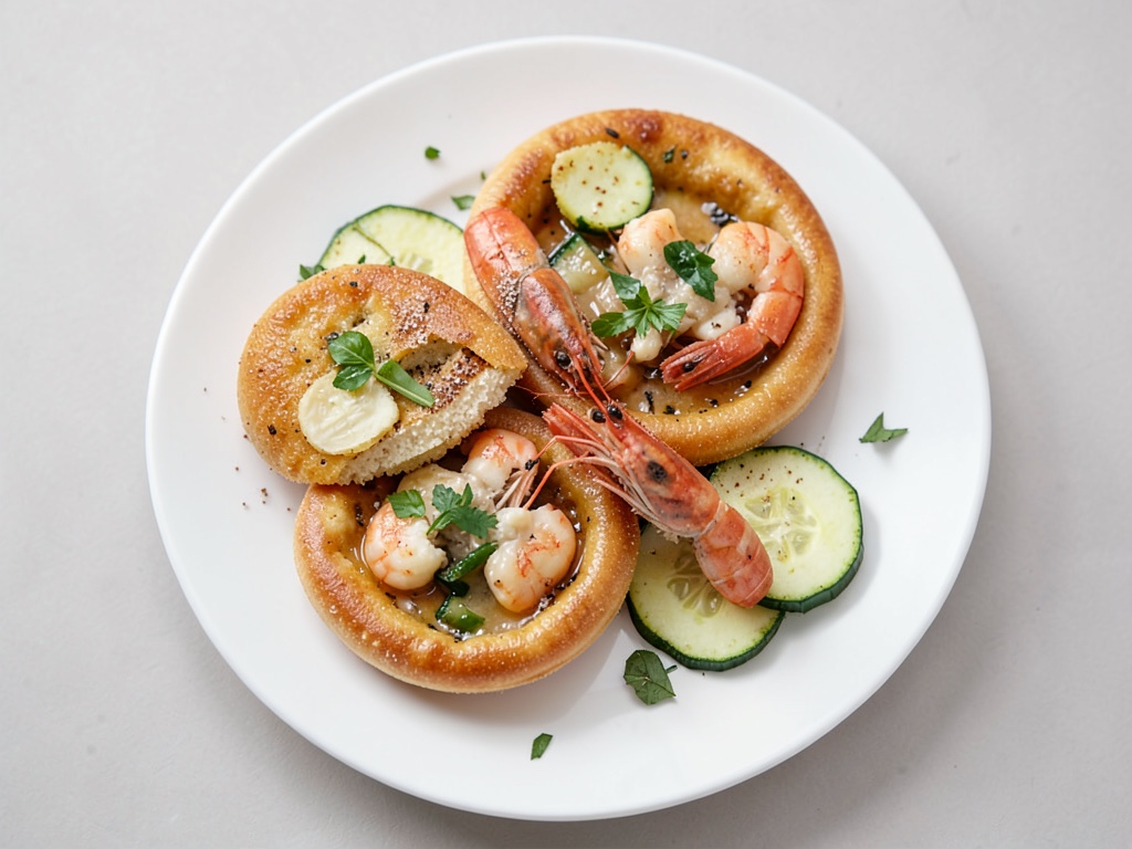 Mini-Flammkuchen con gamberi e zucchine