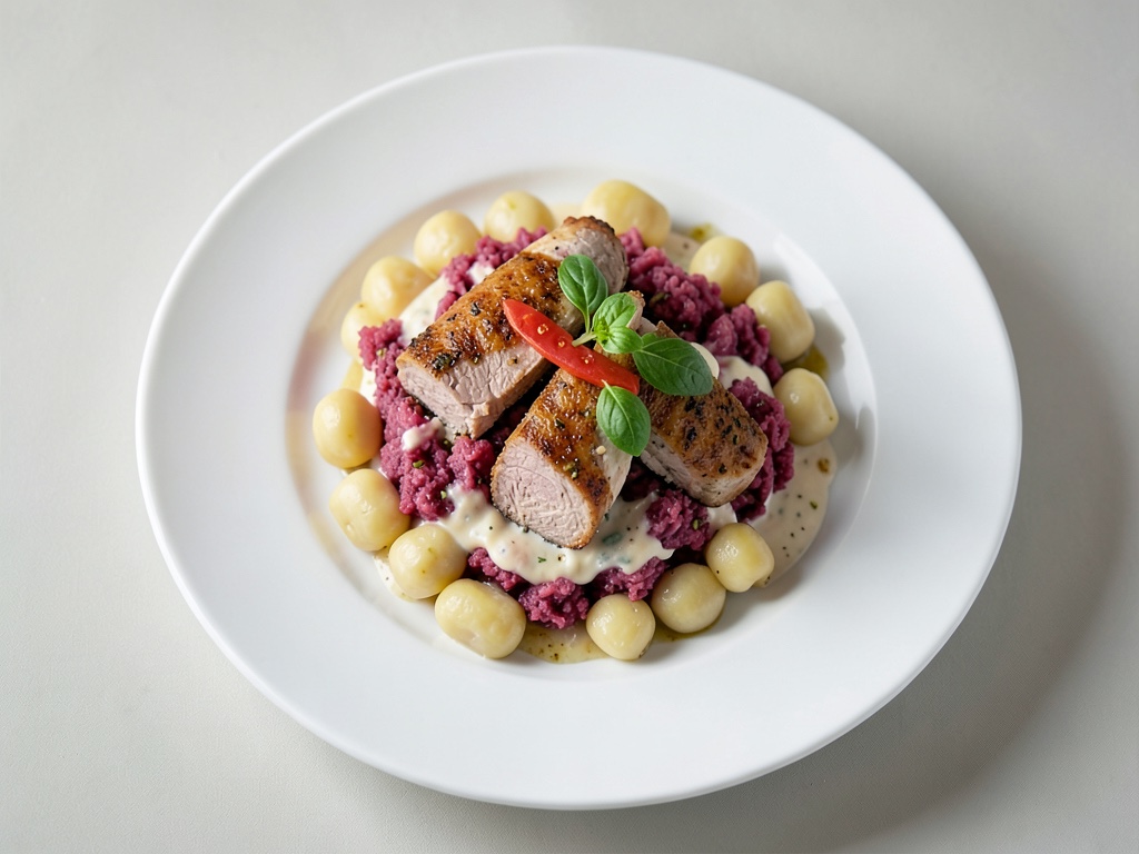Frammenti teneri di petto di tacchino su cavolo di Bruxelles cremoso con gnocchi