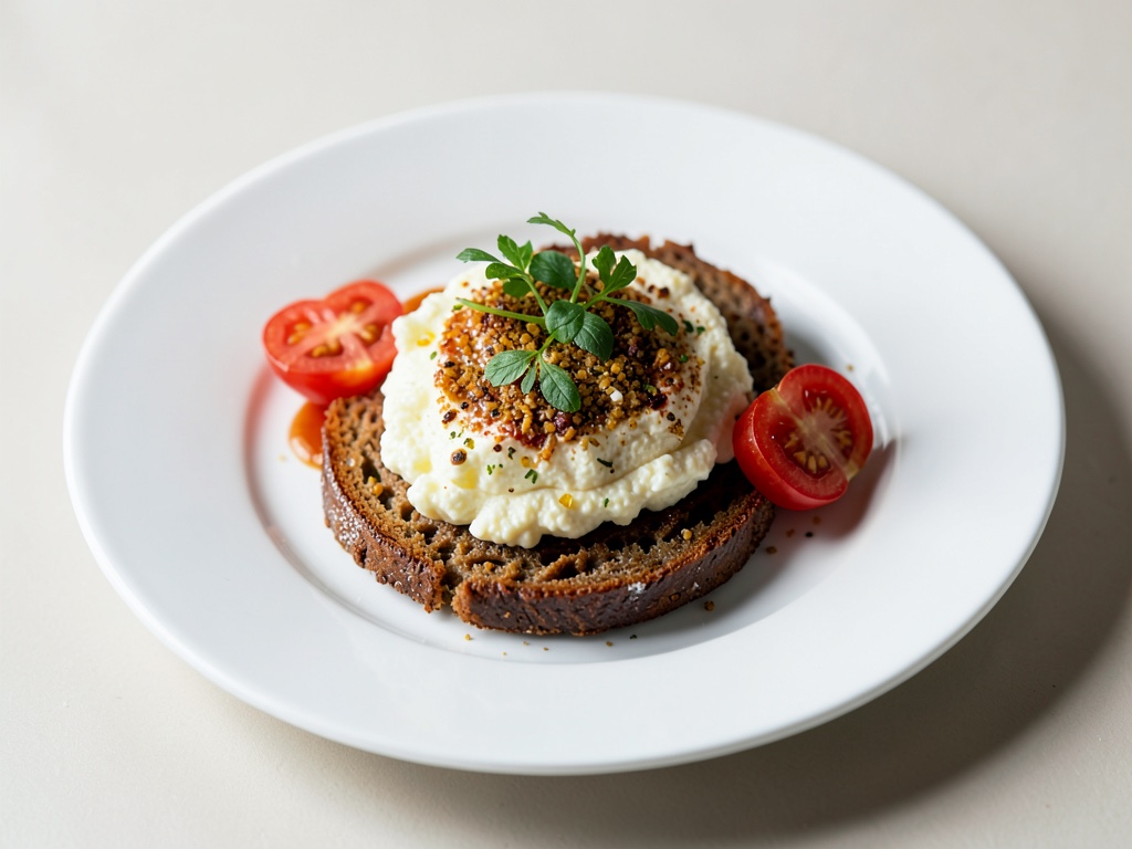 Pan crujiente con queso crema grumoso y tomate