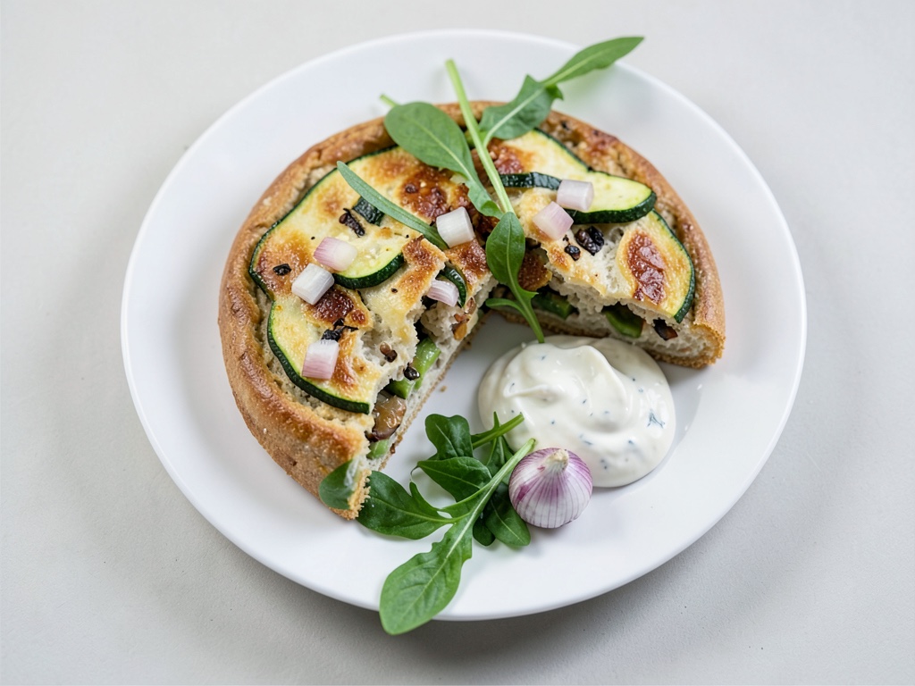 Knuspriger Flammkuchen mit Zucchini, Zwiebeln und Rucola