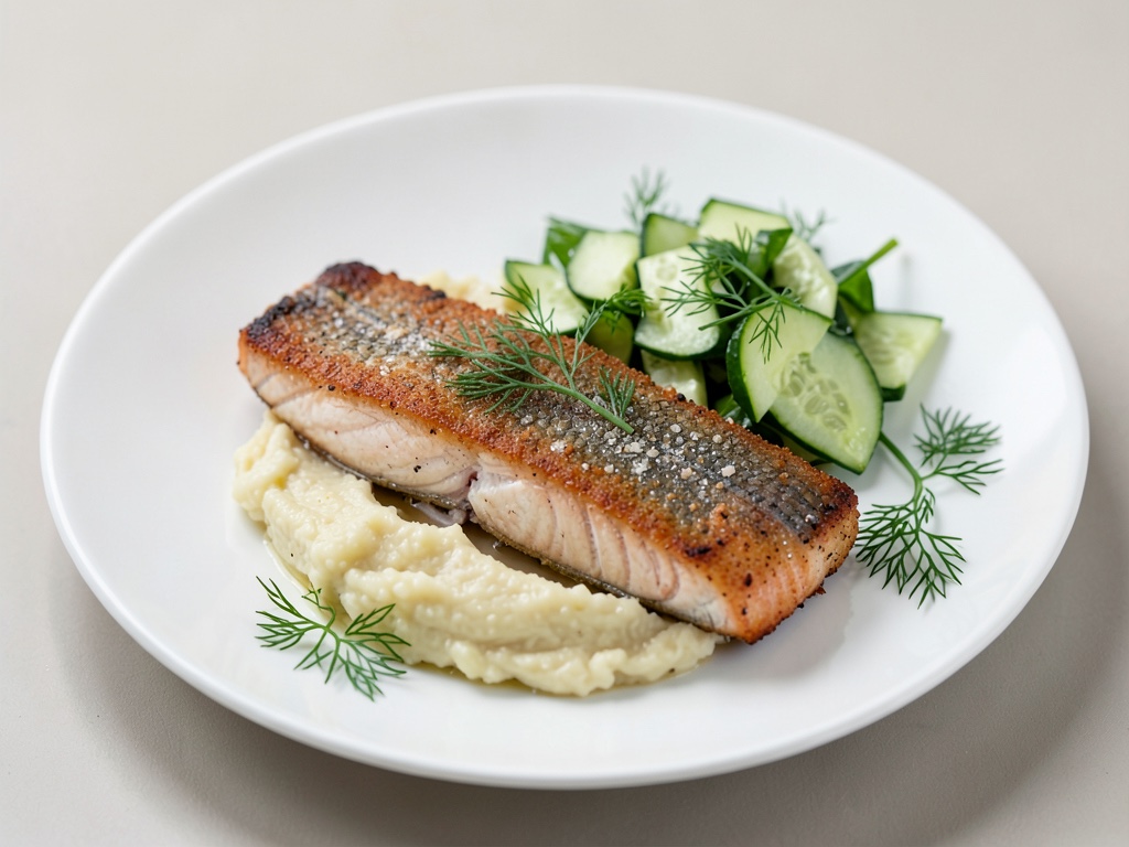 Saumon truite croustillant avec purée de pommes de terre crémeuse et salade de concombre à l'aneth rafraîchissante