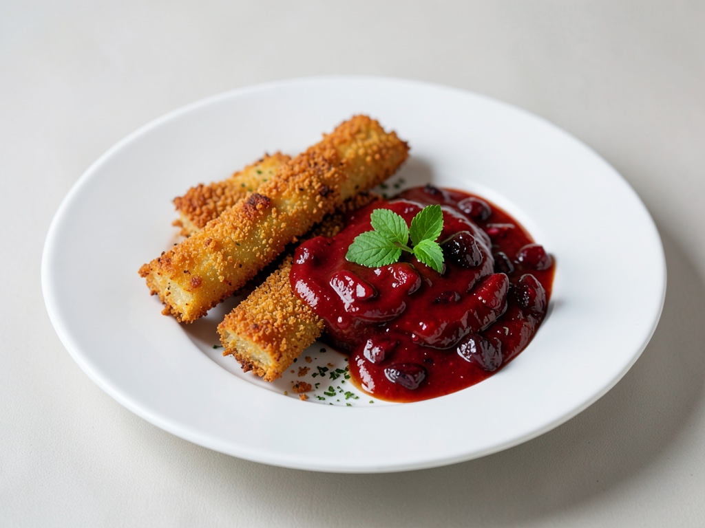 Palitos crujientes de Gouda con salsa de arándanos y curry