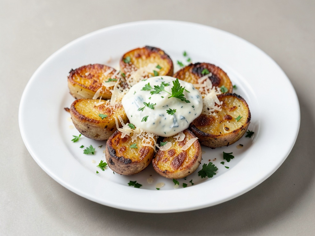 Patatas Hasselback crujientes con parmesano y salsa de hierbas y limón