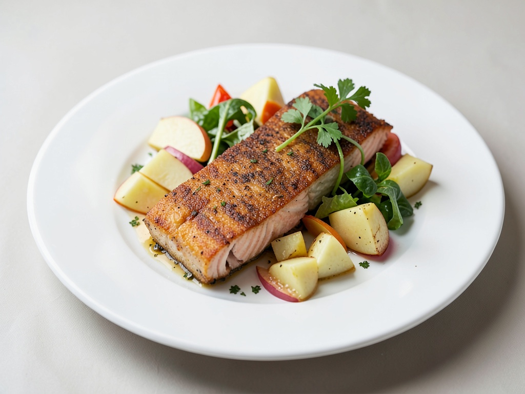 Trota salmonata croccante con insalata di mele e patate
