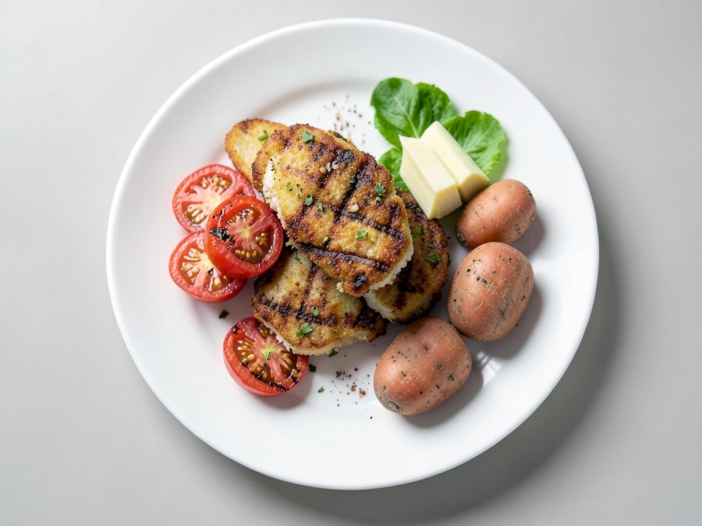 Cotolette di tacchino croccanti con pomodori e verdure alla griglia