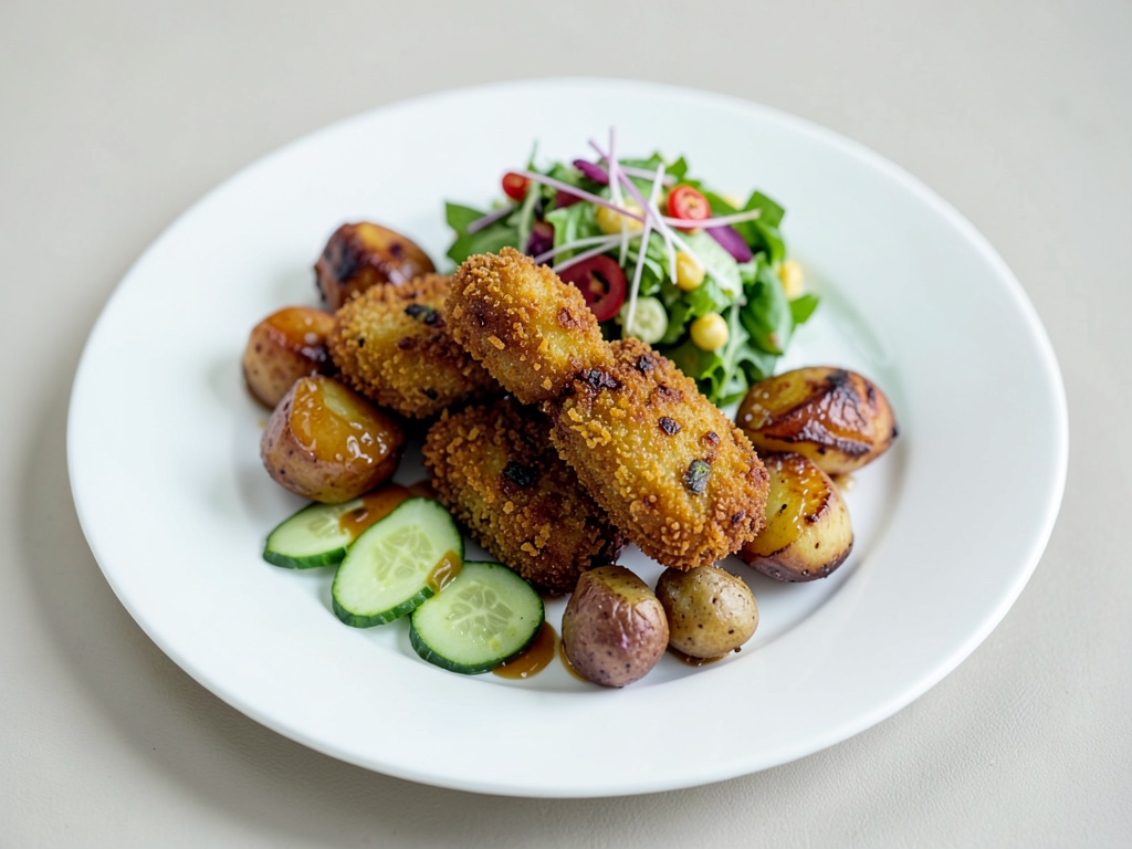 Knusprige vegane Schnitzel mit karamellisierten Kartoffeln und Gurkensalat