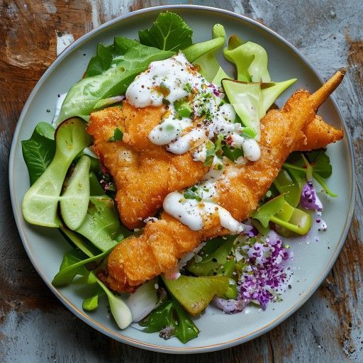 Pesce croccante in pastella di birra con insalata di iceberg e baccelli e condimento allo yogurt