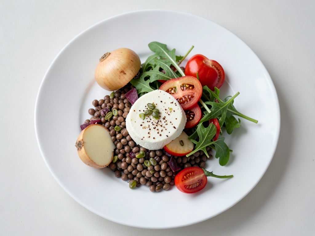 Fette Mozzarellafette con lenticchie agrodolci e insalata di netarine e rucola