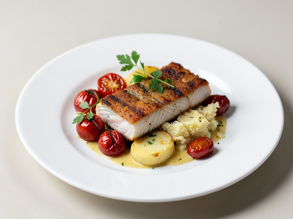 Zander croccante con pomodori al forno e gratin di patate