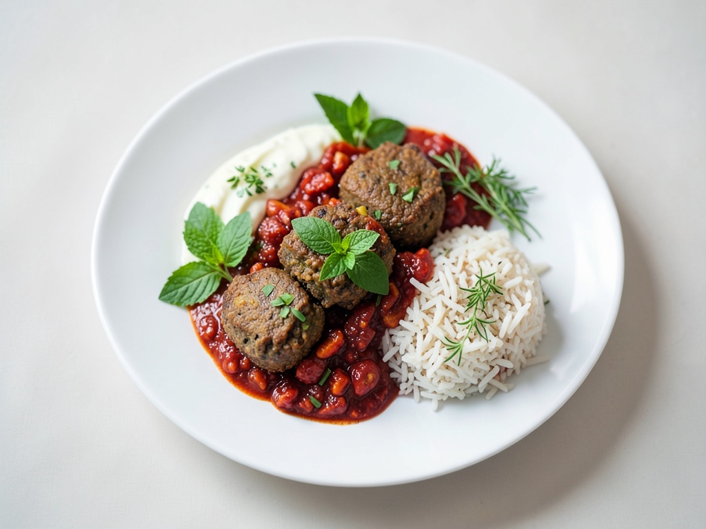Boulettes de viande épicées avec poivrons piquants, yaourt au citron vert et riz