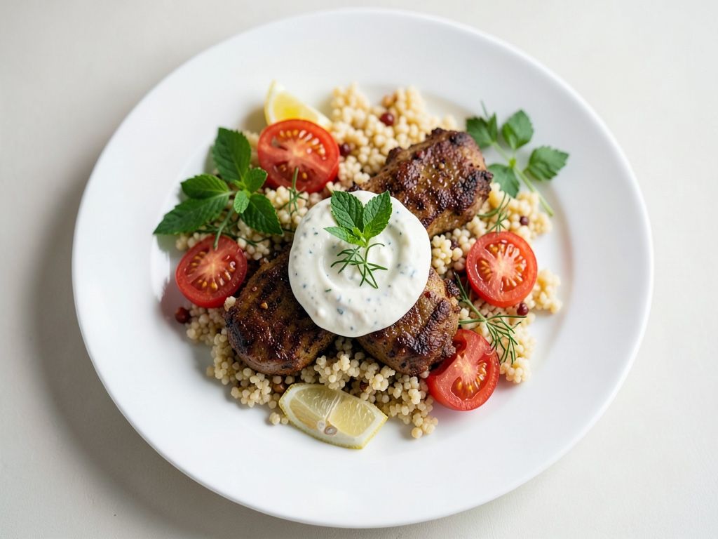 Albóndigas especiadas con couscous de tomate y yogur picante