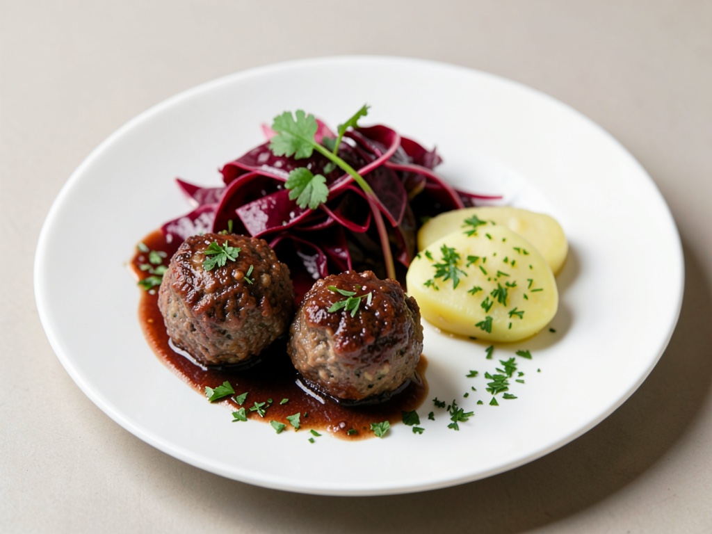 Polpette alla Königsberg con insalata di barbabietola e patate al prezzemolo
