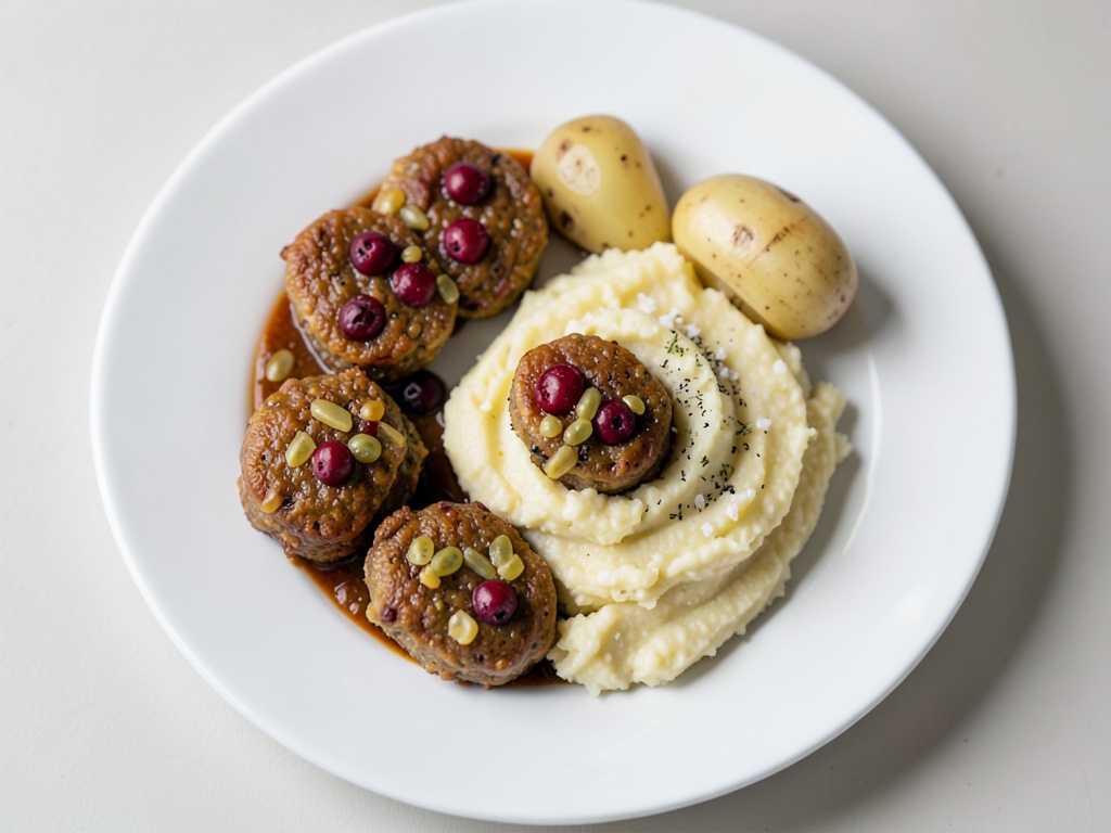 Köttbullar with Lingonberry Filling and Roasted Onion Potato Purée