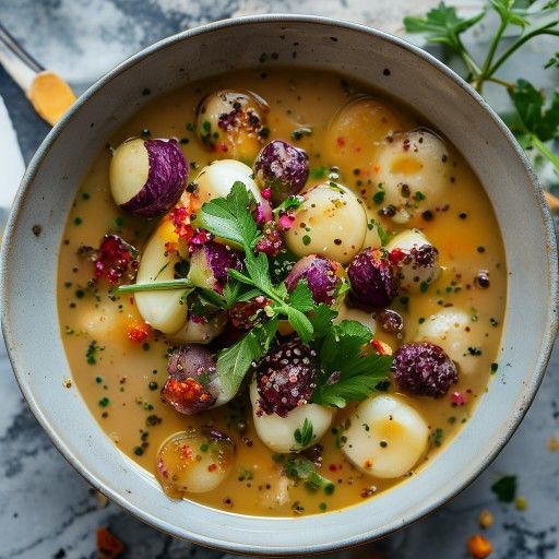 Sopa cremosa de colinabo con coco y vainas de guisante crujientes