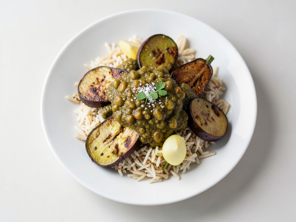 Curry al cocco con ceci e melanzane arrosto con riso