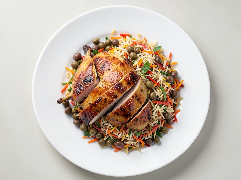 Pollo in salsa di cocco e arachidi con riso colorato