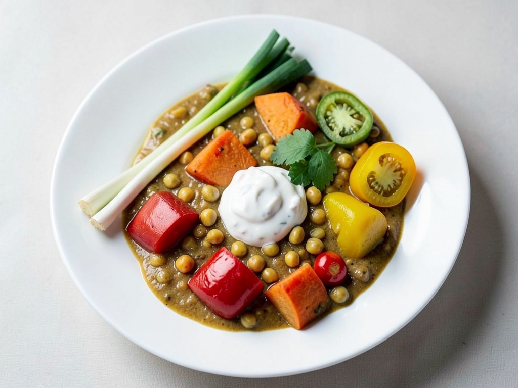 Curry di verdure al cocco con patate dolci, ceci e yogurt