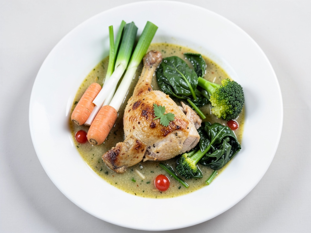 Sopa cremosa de coco con pollo y verduras