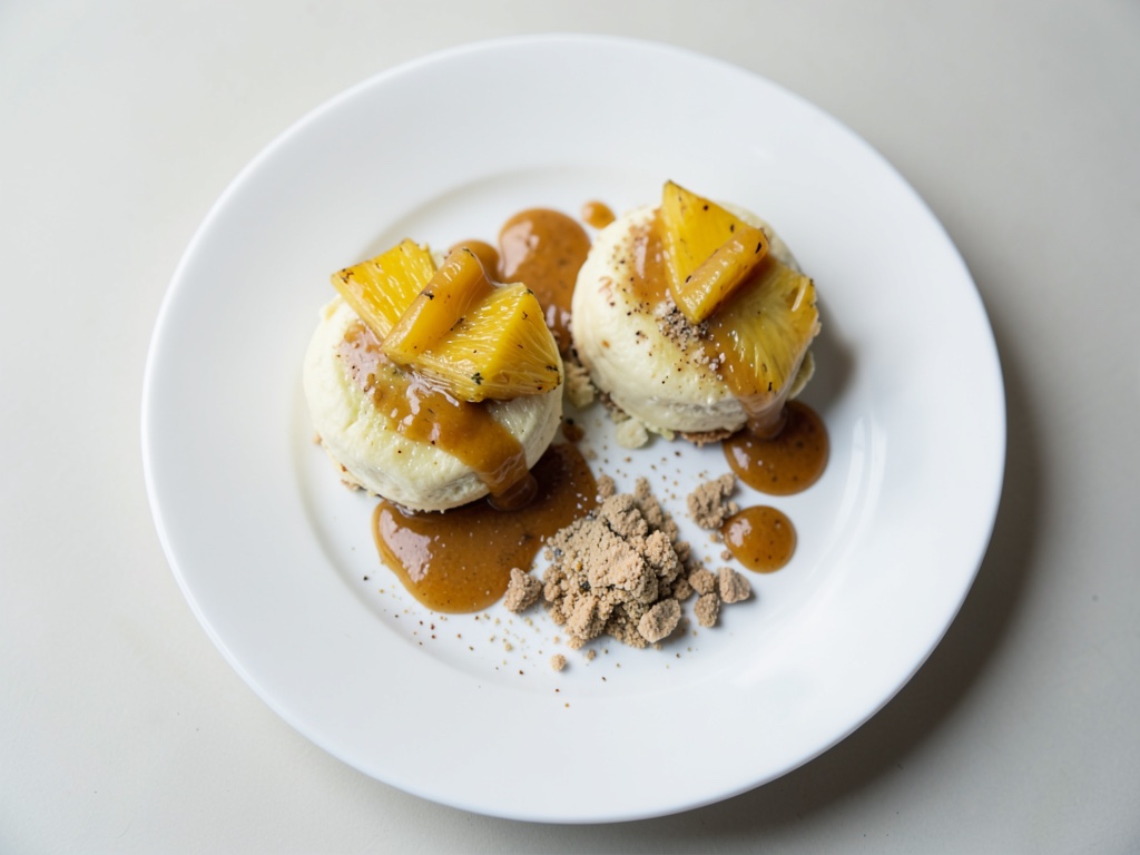 Crêpes de coco con rodajas de piña caramelizadas