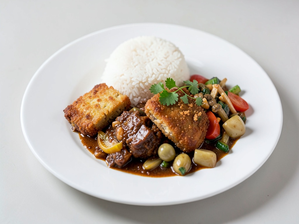 Tofu coreano fritto con riso e verdure asiatiche