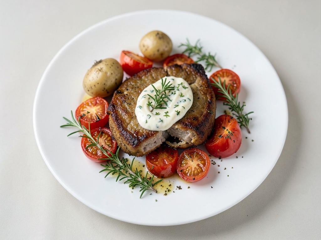 Côtelettes de porc croustillantes avec pommes de terre au four, tomates et beurre à l'ail et thym