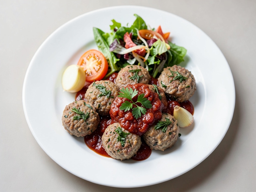 Polpettine alle erbe con sugo di peperoni e insalata balcanica