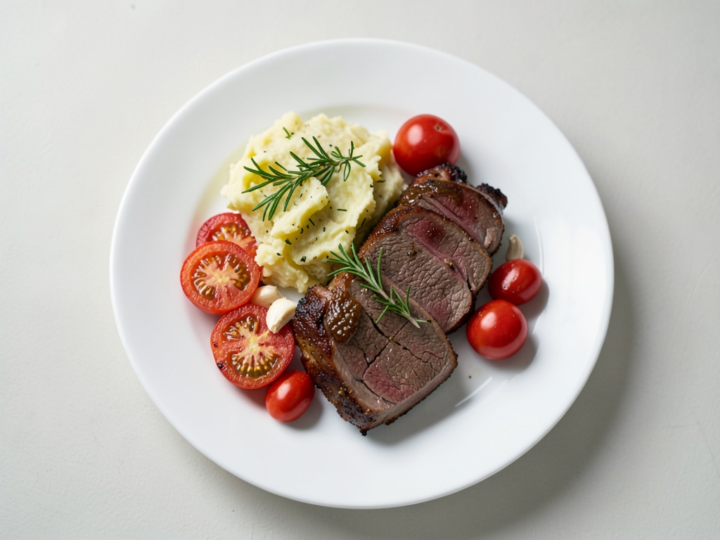 Kräuter-Roastbeef mit zerdrückten Kartoffeln und Ofentomaten