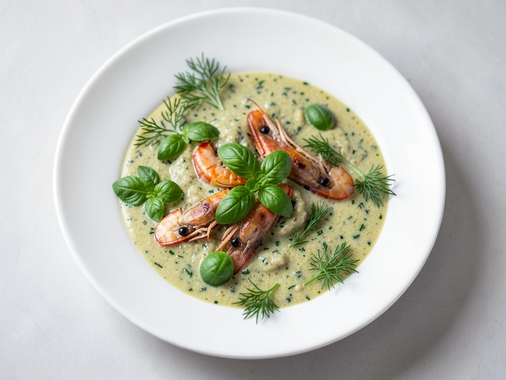 Sopa espumosa de hierbas con gambas