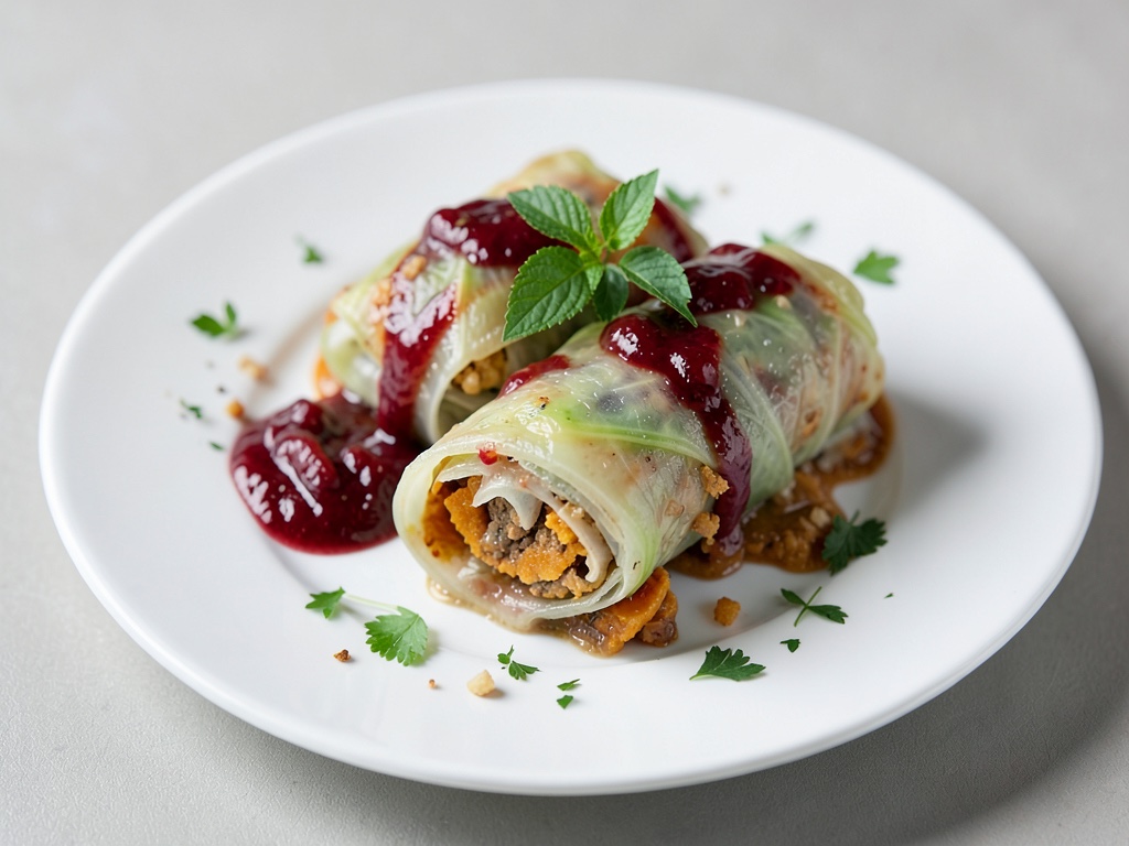 Involtini di cavolo con ripieno di zucca e chutney di mela e mirtilli rossi